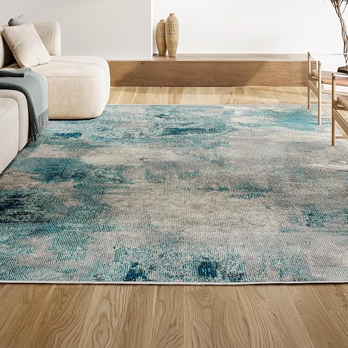 JONATHAN Y Modern Abstract Vintage Cream/Blue 6' Round Indoor Area Rug, Contemporary POP, Transitional, Easy-Cleaning for Living Room, Bedroom, Kitchen, Pet Friendly, Non-Shedding (CTP104A-6R)