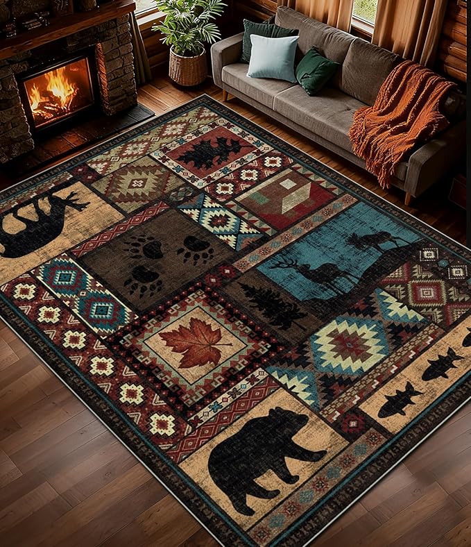 YIHOUSE Rustic Cabin Rugs for Living Room 9x12, Wildlife Bear & Deer Area Rug, Washable Southwestern Lodge Large Area Rug