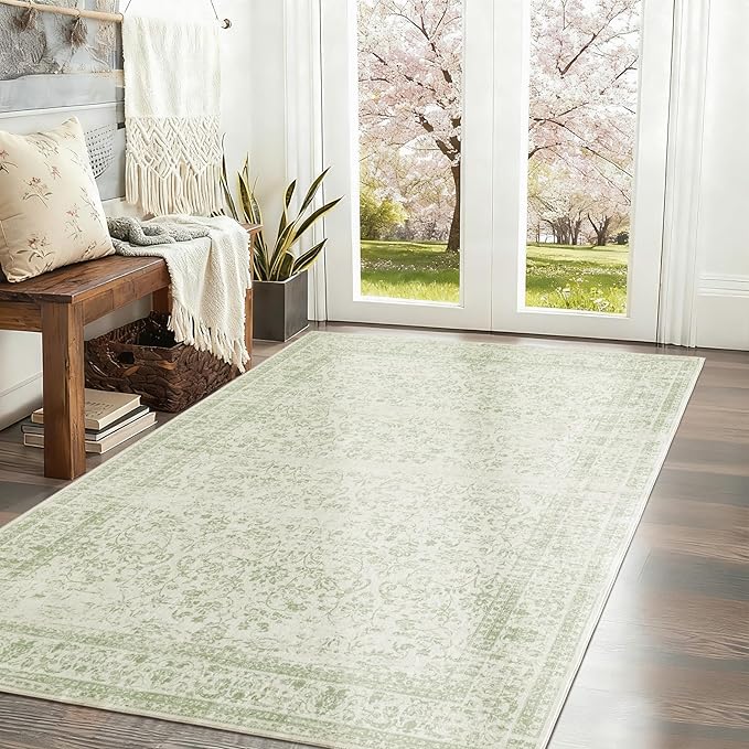 Sage Green Boho Front Door Mat for Indoor Entrance Washable Non Slip Cute Vintage Floral Aesthetic Area Rugs for Entryway Entry 4x6