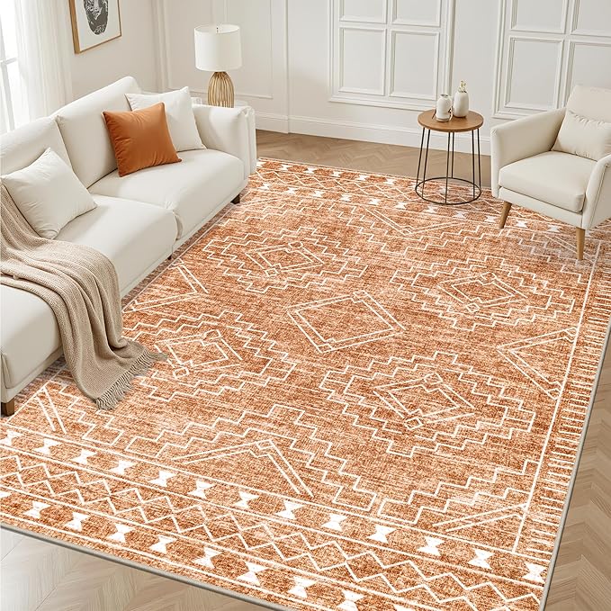 6x9 Area Rugs Living Room Rug: Washable Rug Neutral Lagre Soft Thin Carpet Indoor Floor Non Slip Boho Geometric Moroccan Carpets for Bedroom Dining Room Farmhouse Nursery Office - Dark Brown