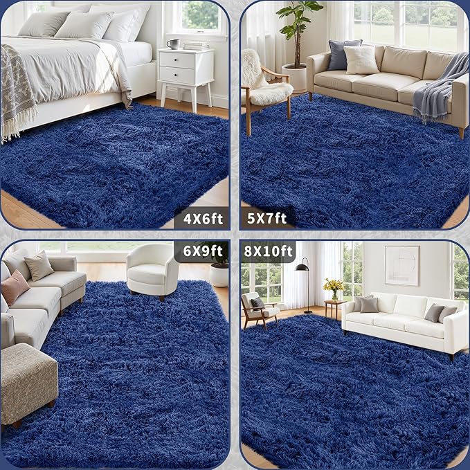 8x10 Area Rug for Living Room: Ultra Soft Fluffy Rug Modern Large Thicked Shag Rug for Bedroom Non Slip Indoor Fuzzy Carpets for Girls Kids Room Nursery Dorm Home Decor Deep Blue