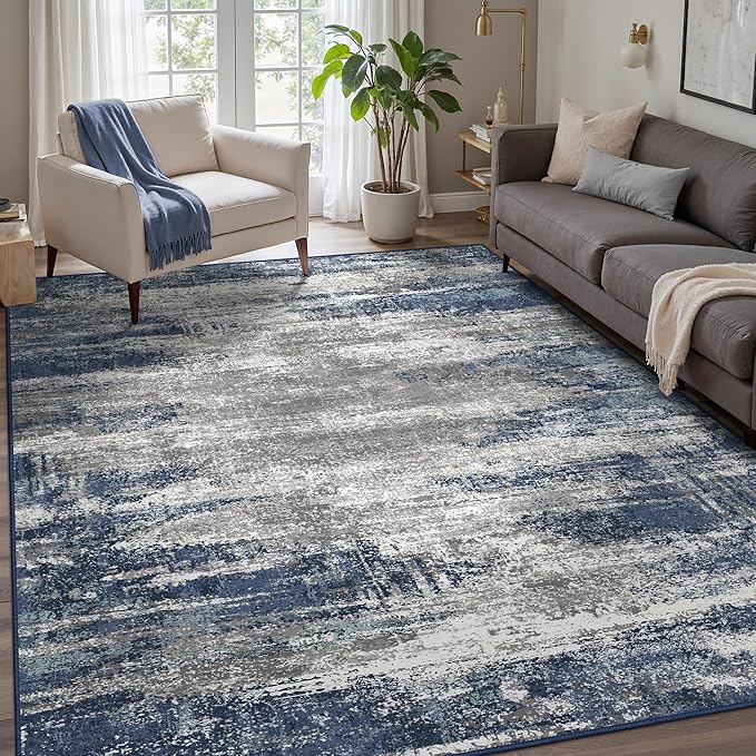 GENIMO Area Rugs 9x12 Living Room, Large Machine Washable Rug Non-Slip, Modern Soft Low Pile Rugs for Bedroom, Playroom, Dining Room, Blue Ivory