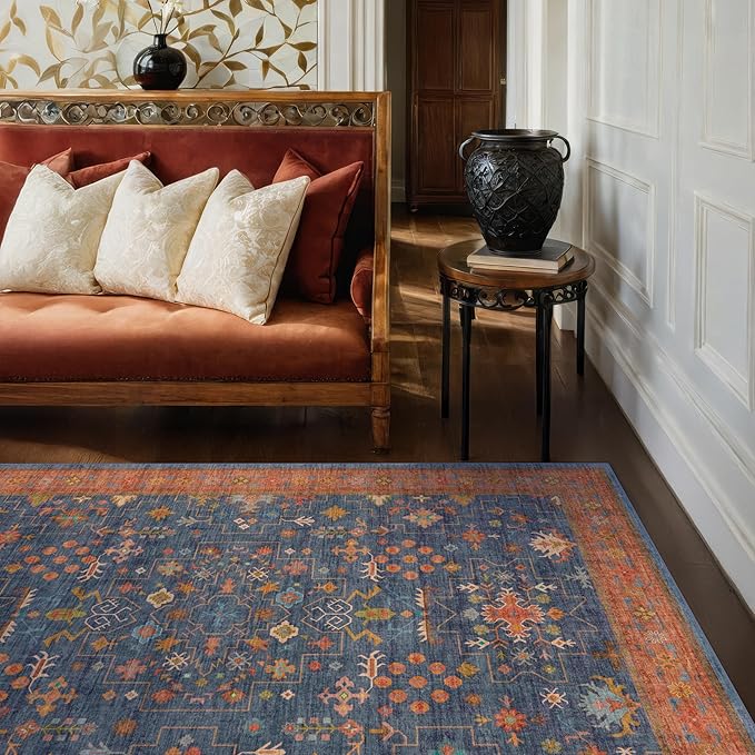 Dark Blue & Terracotta 5x8 Living Room Rug - Machine Washable Area Rugs for Bedroom, Dining Room, Kitchen Floor, Small Office, Low Pile Non-Slip Rubber Backing & Stain Resistance