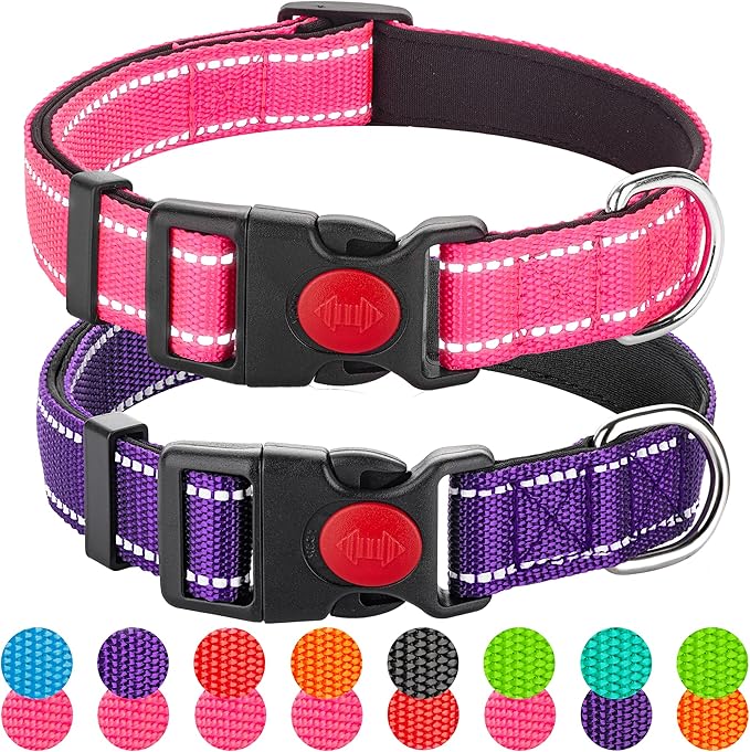 2 Pack Reflective Dog Collars for Medium Large and Small Breed Dogs Male Female,Padded Soft Durable Nylon Neoprene Collar for Puppy Dogs Girl Boy with Quick Release Safety Buckle,Pink,Purple,M