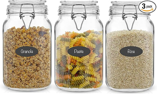 JoyJolt Airtight Glass Jars with Lids Set of 3. 50oz Glass Jar with Lid and 6 Silicone Seals! Med Glass Food Storage Containers. Square Mason Jar, Flour Jar, Candy or Cookie Jars for Kitchen Counter