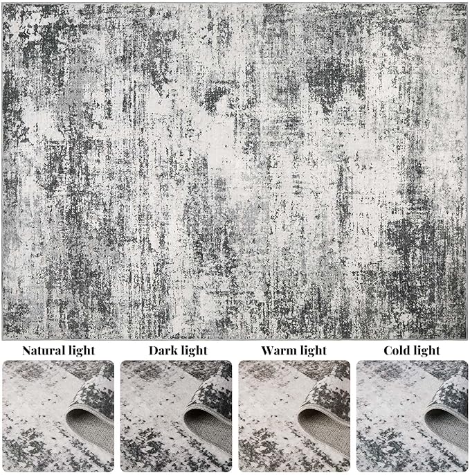 Area Rug Living Room Washable Rugs: 8x10 Modern Neutral Abstract Low Pile Non Slip Floor Carpet - Large Soft Thin Stain Resistant Rug for Bedroom Dining Indoor Office Home, Dark Grey