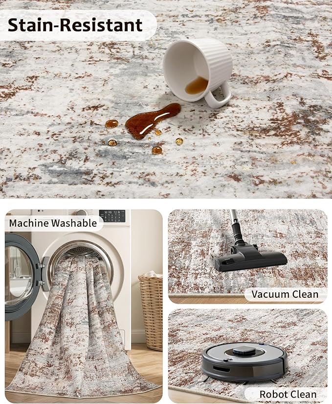 Art&Tuft Washable Rugs 5x7 - Stain Resistant Anti-Slip Backing Abstract 5x7 Area Rugs for Living Room, Foldable Machine Washable Area Rug(5'x7', Rust)