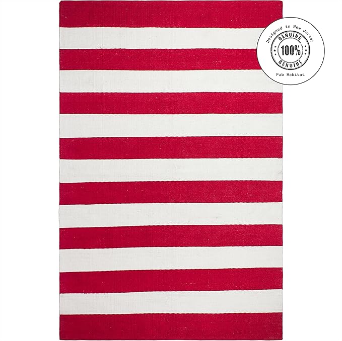 Fab Habitat Machine Washable Area Rug - Hand Woven, Stain Resistant, Pet Friendly - Premium Recycled Polyester Yarn - Stripes - Bedroom, Living Room - Nantucket - Red & White - 4 x 6 ft