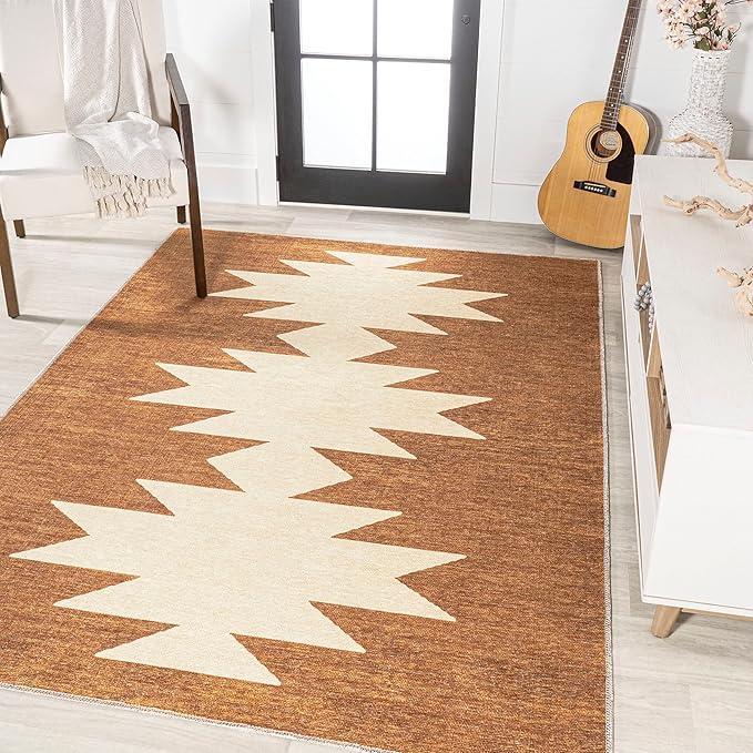 JONATHAN Y Machine Washable Indoor Area Rug 5X8 Terracotta/Cream, Chayton Minimalist Geometric for Living Room, Bedroom, Kitchen, Office, Easy-Cleaning, Pet-Friendly, Non-Shedding WSH110A-5