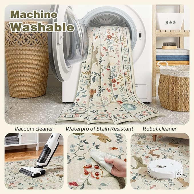 5x7 Area Rugs Washable Rug: Lagre Boho Living Room Rug Soft Non-Slip Thin Carpet Indoor Floor Non-Shedding Neutral Floral Carpets for Bedroom Dining Room Farmhouse Nursery Beige Animal