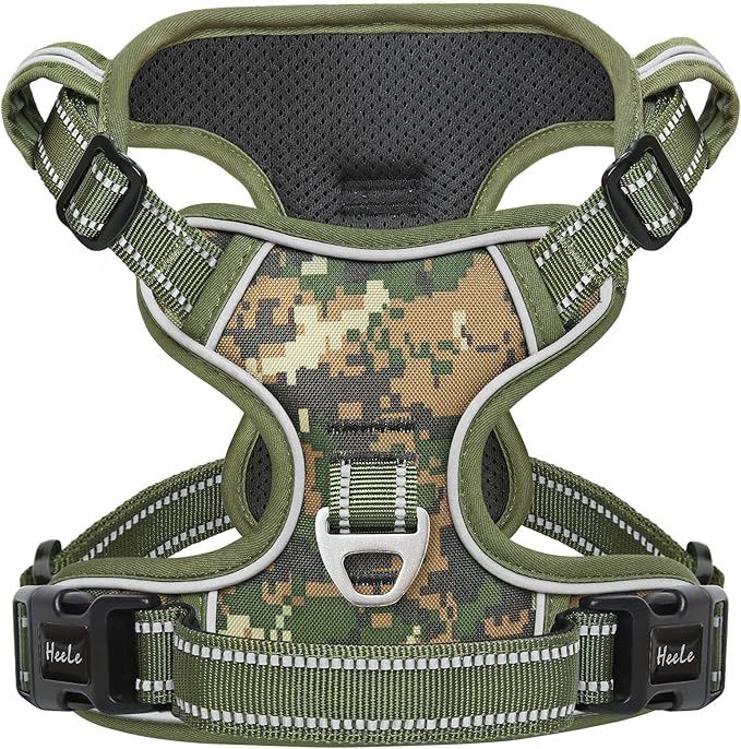 HEELE Dog Harness, No Pull Adjustable Padded Reflective Harness for Small Medium Large Dogs with Handle for Walking Training, Camo Green, L