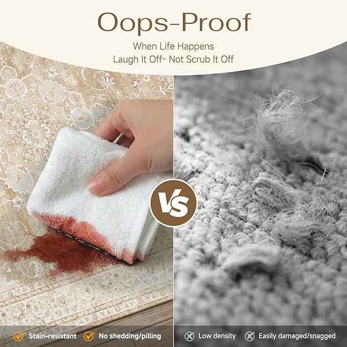 HUGEAR Machine Washable Area Rugs 3x5 Vintage Beige Brown Living Room Rug Neutral Style Non Slip Stain Resistant Low Pile Throw Carpet for Office Home Retro Aesthetic Modern Decor