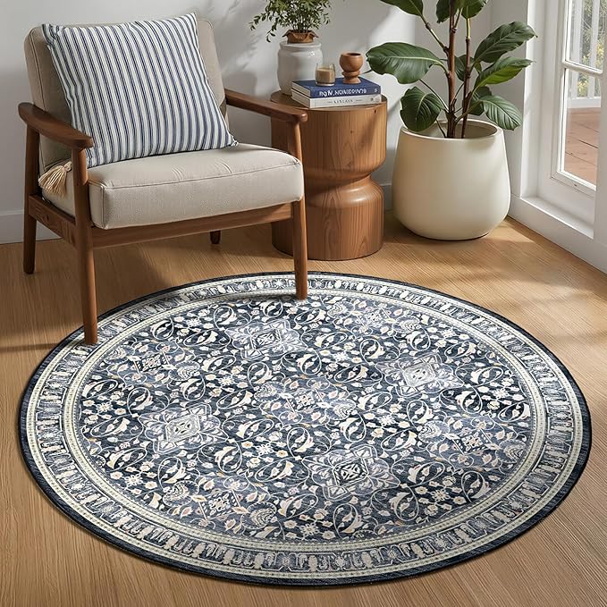 Dark Blue Round Rug 4ft for Entryway, Small Low Pile Circle Rug for Bathroom Ktichen, Washable Non Slip Circular Carpet Rug for Nursery Bedroom Dining Room, Transitional Moroccan Floral Trellis