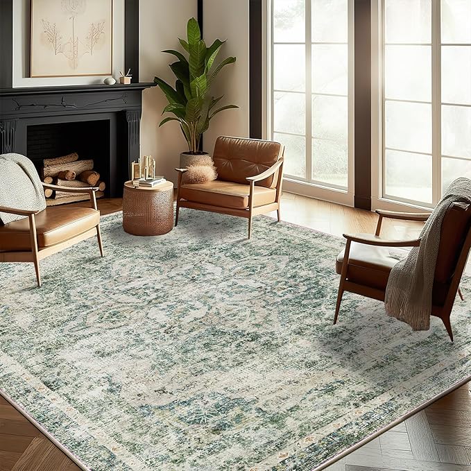 Washable Area Rug 10'x14' Boho Design Non-Shedding Easy Care Ideal for High Traffic Areas in Living Room Bedroom Office Coffee Table Kitchen Large Carpet