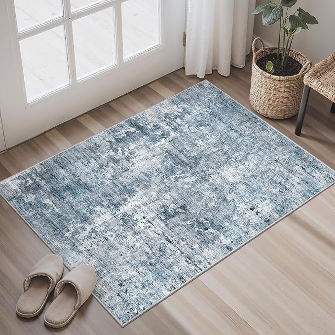 2x3 Abstract Washable Rugs for Kitchen, Floor, Entryway, Powder Room Small Area Rug Non-Slip Vintage Rug Low Pile Throw Door Mat Blue