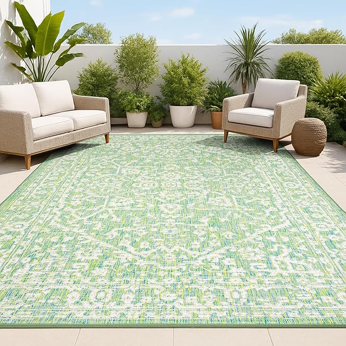 JONATHAN Y Boho Medallion Indoor Outdoor Area Rug 9X12 Cream/Green, Malta Textured Weave for Backyard, Patio, Porch, Easy-Cleaning, High Traffic, Pet-Friendly, Non-Shedding (SMB104F-9)