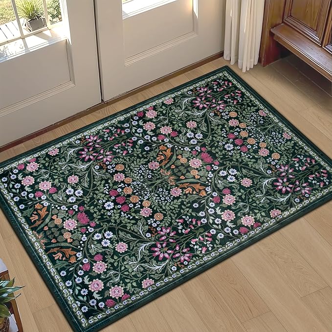 Entryway Rug 2X3 Small Rugs: Floral Washable Door Mat Vintage Soft Low Pile Non-Slip Kitchen Rugs Stain Resistant Indoor Throw Rug for Entrance, Bedroom, Kitchen, Laundry, Bathroom Dark Green