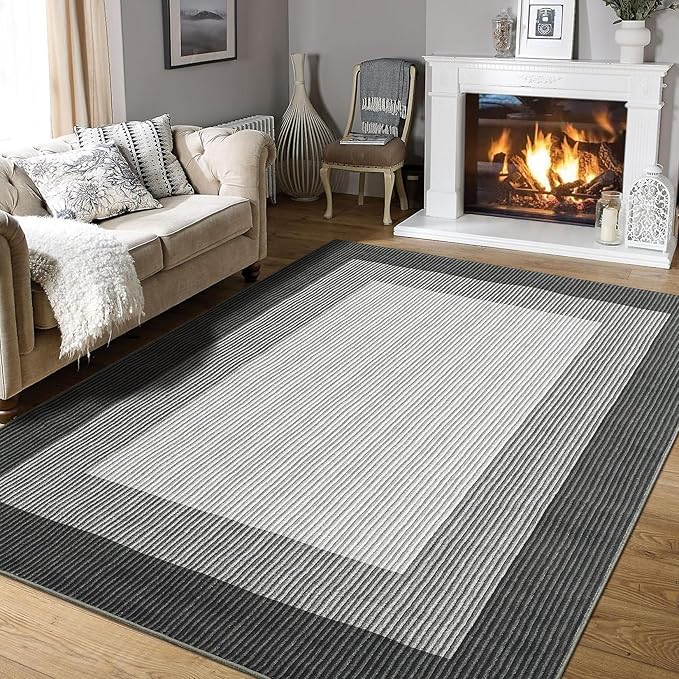 GarveeHome Machine Washable Rugs 5x7 Rugs for Bedroom Living Room, Modern Border Solid Rug Non-Slip Stain Resistant Neutral Accent Carpet for Dining Room Table Apartment Office Grey