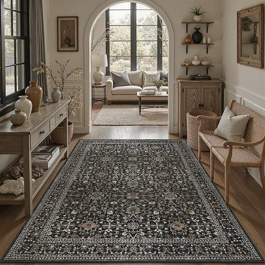 DCX Black 3x5 Rug, Kid & Pet Friendly with Rubber Back Non Slip, Machine Washable Stain Resistant Vintage Traditional Distressed Carpet, Rug for Living Room, Bedroom, Home Decor