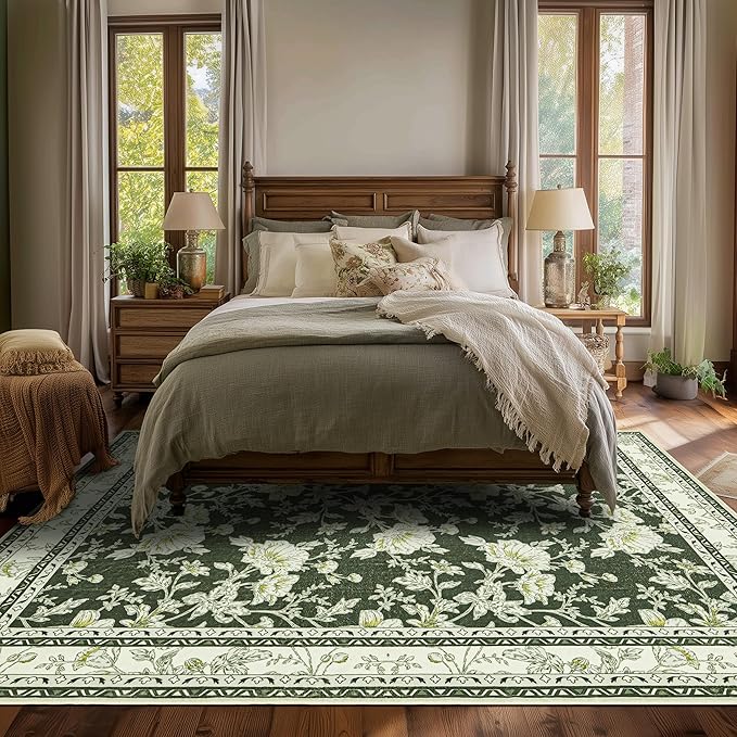 Olive Green Floral Print Area Rugs for Bedroom Living Room Boho Farmhouse Country Rustic Dining Room Carpet Soft Washable Rugs Non Slip Floor Covering for Nursery Playroom 3x5