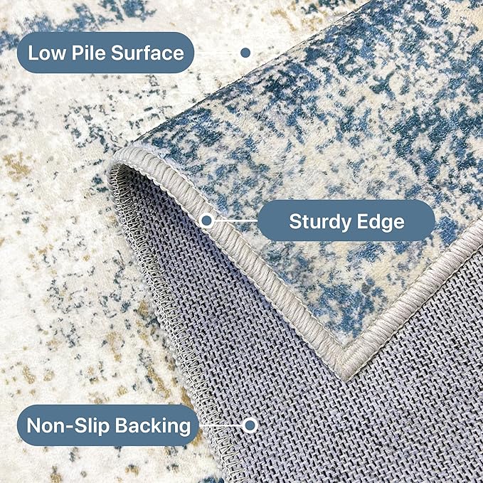 Area Rugs 6x9 for Living Room Bedroom, Modern Abstract Machine Washable Rug, Large Soft Low Pile Floor Carpet with Non Slip Backing for Dining Room, Navy Blue Beige