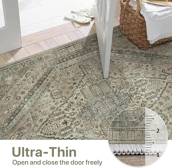 Bavni Washable Rug 6x9 Area Rug for Living Room Bedroom Dining, Washable Vintage Print Carpet, Ultra-Thin Chenille Low Pile Lightweight Rug with Non Slip Backing, Tan