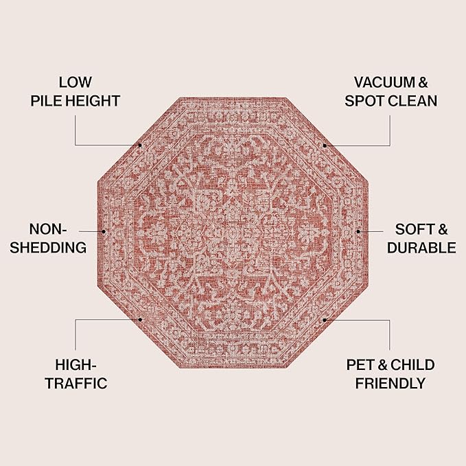 JONATHAN Y Boho Medallion Indoor Outdoor Octagon Area Rug 8 Ft Red/Taupe, Malta Textured Weave for Backyard, Patio, Porch, Easy-Cleaning, High Traffic, Pet-Friendly, Non-Shedding (SMB104A-8TGN)