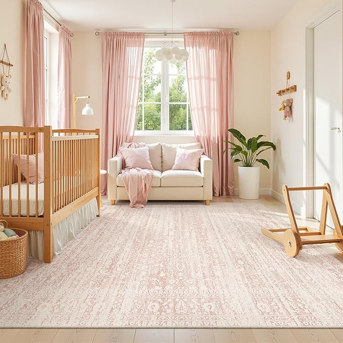 Pink 8x10 Area Rugs for Baby Girl Nursery, Washable Rugs Vintage Floral Non-Slip Low Pile Soft Throw Carpet for Living Room Dining Room Bedroom Kids Playroom (Pink, 8'x10')