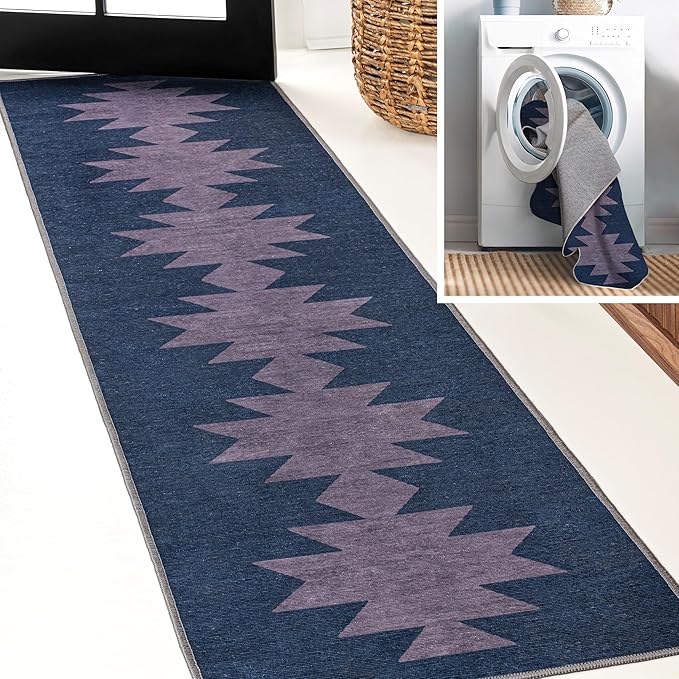 JONATHAN Y Machine Washable Navy/Purple Runner Rug 2X8 ft, Chayton Minimalist Geometric for Living Room, Bedroom, Kitchen, Office, Easy-Cleaning, High Traffic, Pet-Friendly, Non-Shedding (WSH110F-28)