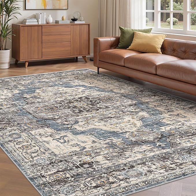 6x9 Area Rugs for Living Room,Super Soft Ultra-Thin Stain Resistant Machine Washable Rugs for Bedroom,Non-Slip Backing Large Area Rug(Blue/Black,6'x9')
