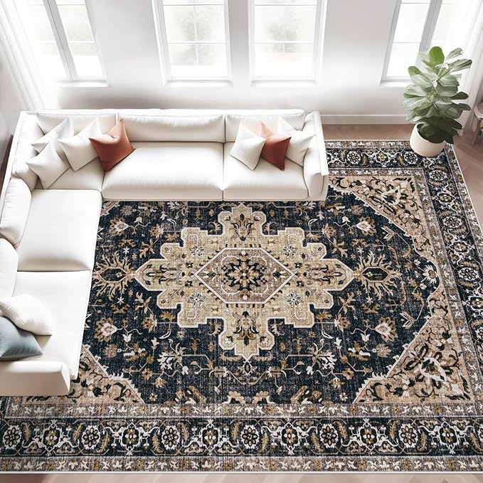 Area Rug 8x10 Vintage Rugs: Large Washable Living Room Rug Retro Medallion Distressed Soft Low Pile Non-Slip Indoor Floor Carpet for Bedroom Kitchen Nursery Dining Office (BeigeBlack, 8'x10')