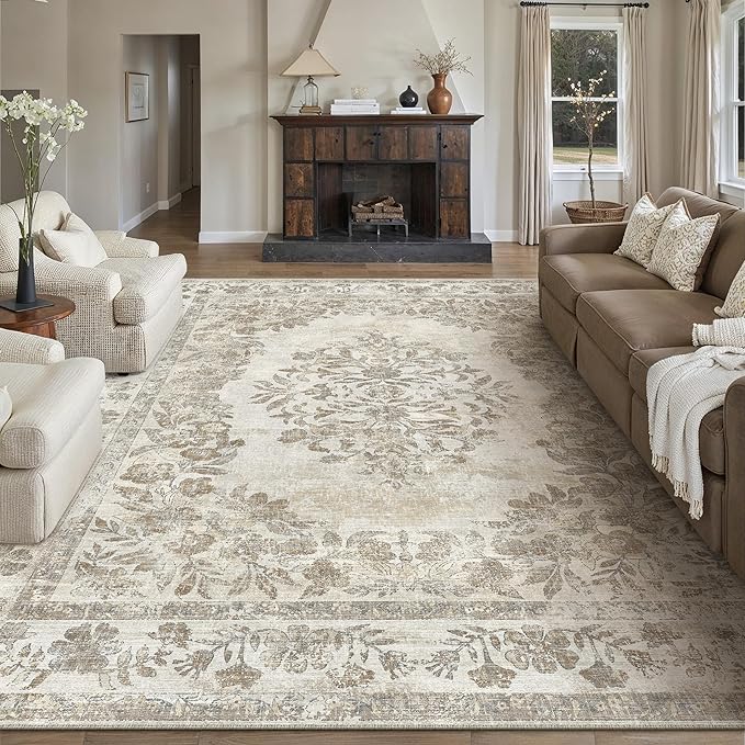 8x10 Area Rug Beige Washable Vintage Distressed Living Room Carpet Large Bedroom Indoor Medallion Floral Non Slip Retro Throw Floor Mat for Office Dining Room Kitchen Bathroom