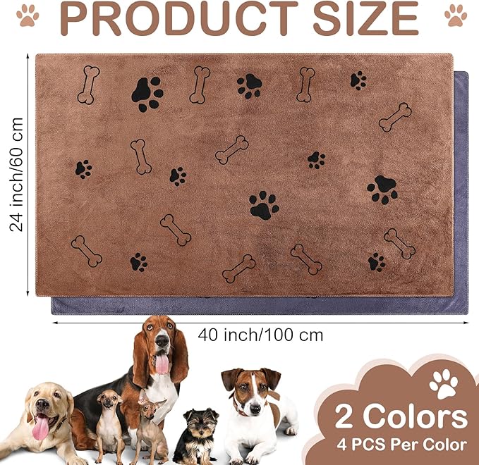 Chumia 8 Pcs Dog Towels for Drying Dogs Cats Pet Towels Bulk Puppy Microfiber Quick Drying Paw Bath Bathing Supplies Absorbent for Medium Pets(Brown, Gray,40 x 24 Inch)