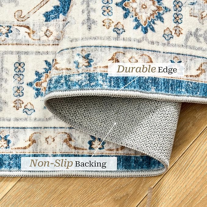 6x9 Area Rug for Living Rooms, Stain Resistant Neutral Washable Rugs for Dining Rooms, Floral Vintage Non-Slip Thin Large Size Area Rugs(Blue)