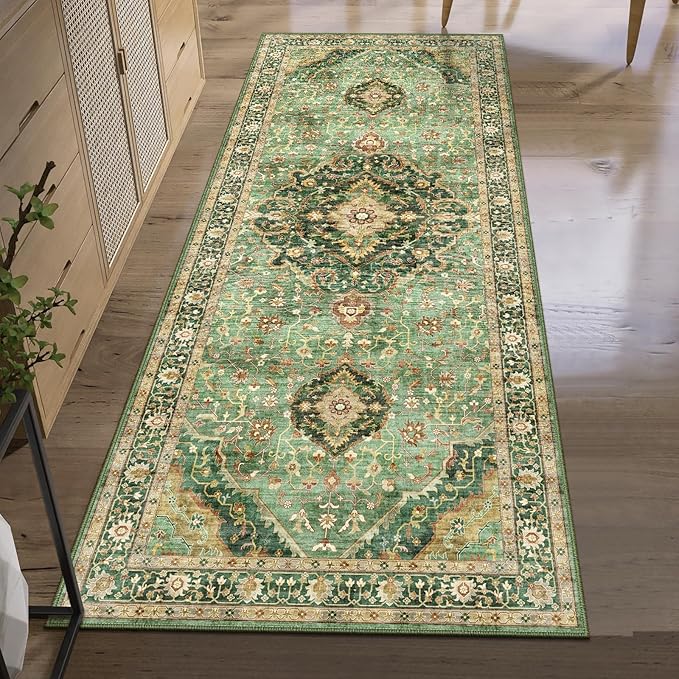 Green Runner Rugs for Hallway 2x6 Ft Non-Slip Fall Runner Rugs with Rubber Backing Washable Rug Runner for Kitchen Bedroom Vintage Distressed Carpet (Border Green)