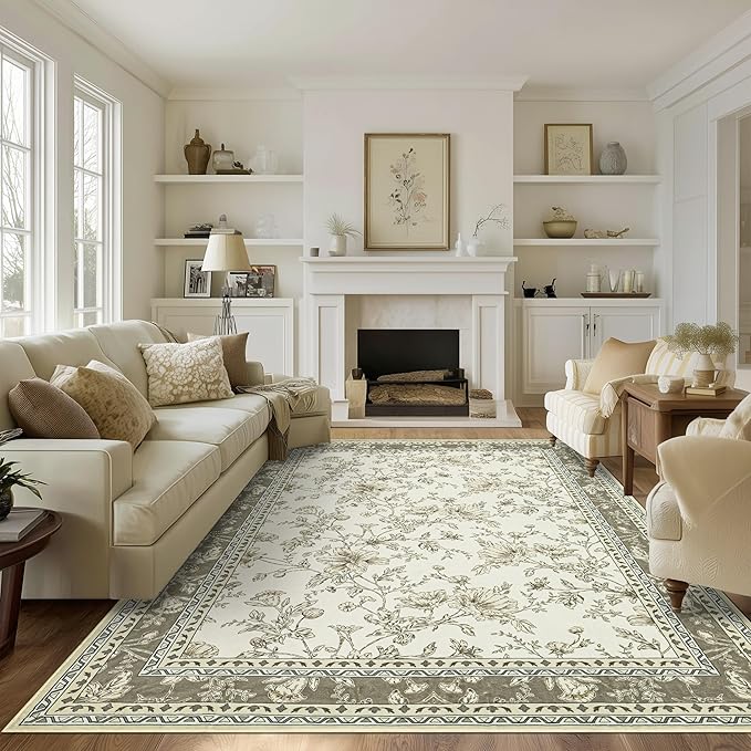 Taupe Boho Living Room Rug 5x8, Washable Low Pile Non Slip Area Rugs for Bedroom, Dining Room, Office, Farmhouse Retro Carpet Indoor Grey Beige Tan Pattern Aesthetic Sketch Style Vintag Room Decor