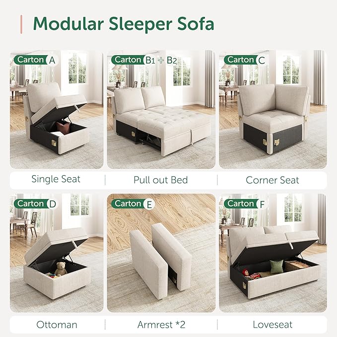 HONBAY Modular Sectional Sleeper Sofa with Pull Out Bed, Corner Seat for Sectional Couch, Beige