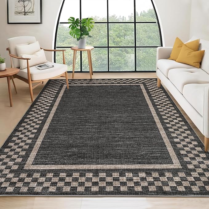 Small Bedroom Area Rug 3x5 Checkered Area Rug for Living Room Nursery Non Slip Kitchen Throw Carpet Low Pile Modern Bordered Rugs Washable Bathroom Mat Soft Brown Rugs for Laundry Entryway, Black