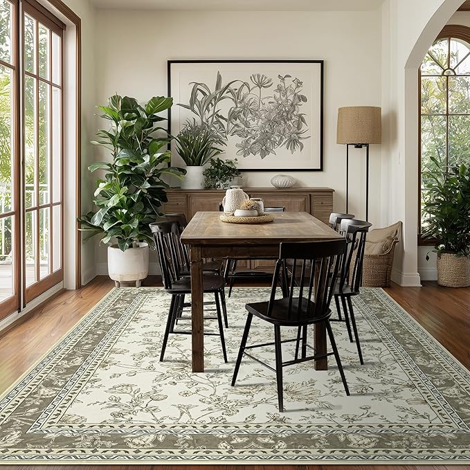 Taupe Boho Living Room Rug 5x8, Washable Low Pile Non Slip Area Rugs for Bedroom, Dining Room, Office, Farmhouse Retro Carpet Indoor Grey Beige Tan Pattern Aesthetic Sketch Style Vintag Room Decor