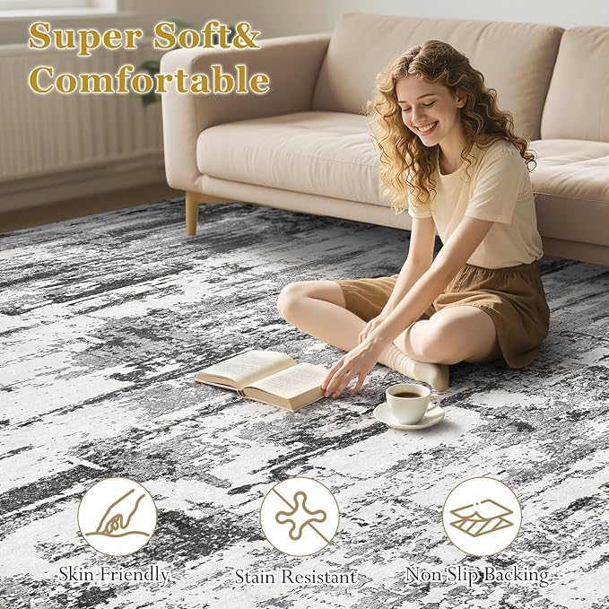 Area Rugs for Living Room: 5x7 Abstract Washable Rug Modern Neutral Large Soft Stain Resistant Non-Slip Backing Machine Table for Bedroom Dining Room Indoor Home Office Carpet - Black Grey