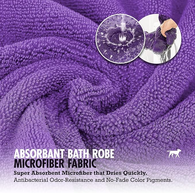 Tuff Pupper Fast Drying Dog Bath Robe | 800 GSM Plush Dog Towel Bathrobe/Dressing Gown | Super Absorbent Pet/Puppy Bathrobe | Adjustable Hood & Belly Strap | Super Soft | Fast Drying (M, Purple)