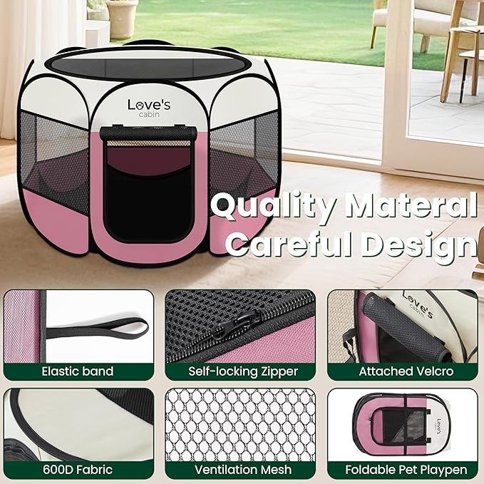 Love's cabin Pet Puppy Dog Playpen, Small Dog Tent Crates Cage Indoor/Outdoor, Portable Playpen for Cat, Foldable Pop Up Dog Kennel Playpen with Carring Case, Removable Zipper Top, Light Pink