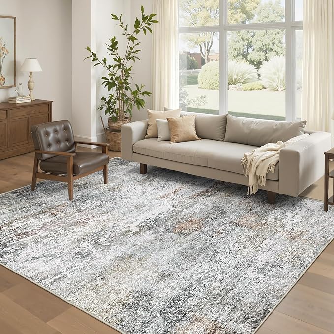 Art&Tuft Washable Rugs 5x7 - Stain Resistant Anti-Slip Backing Abstract 5x7 Area Rugs for Living Room, Foldable Machine Washable Area Rug(5'x7', Grey/Rust)