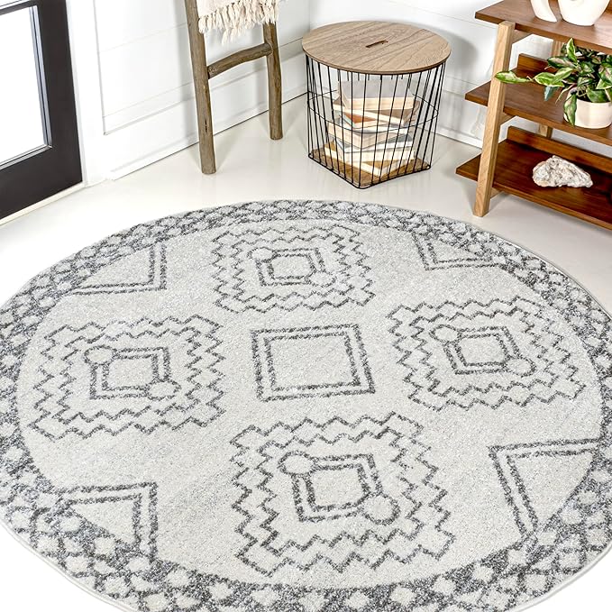 JONATHAN Y Amir Moroccan Beni Souk Cream/Gray 7' Round Indoor Area Rug, Bohemian, Scandinavian, Easy-Cleaning for Living Room, Bedroom, Kitchen, Pet Friendly, Non-Shedding (MOH200B-7R)