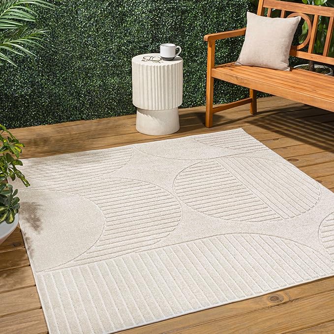 JONATHAN Y Nordby High-Low Arch Striped Ivory/Cream 5x5 Square Indoor/Outdoor Area Rug, Pet Friendly, Non-Shedding, Stain Resistant, Easy-Cleaning for Backyard, Patio (SCN104B-5SQ)