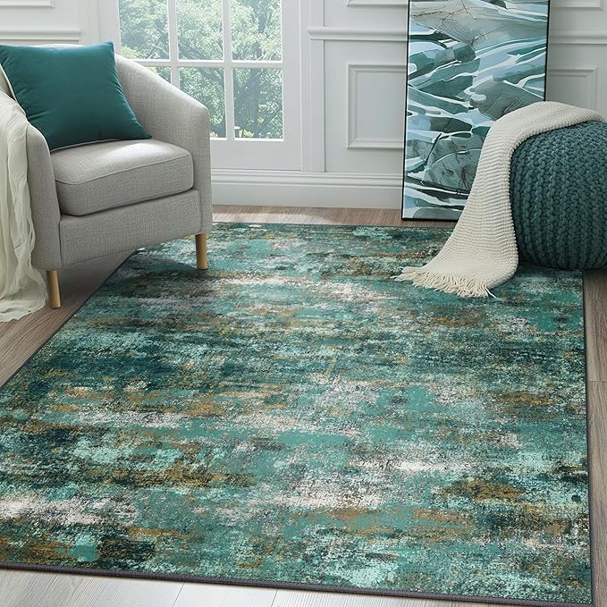 Area Rugs 10x12 for Living Room Bedroom, Modern Abstract Machine Washable Rug, Large Soft Low Pile Floor Carpet with Non Slip Backing for Dining Room, Turquoise
