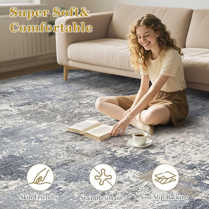 Area Rugs for Living Room: 5x7 Abstract Washable Rug Modern Neutral Large Soft Stain Resistant Non-Slip Backing Machine Table for Bedroom Dining Room Indoor Home Office Carpet - Light Denim Blue