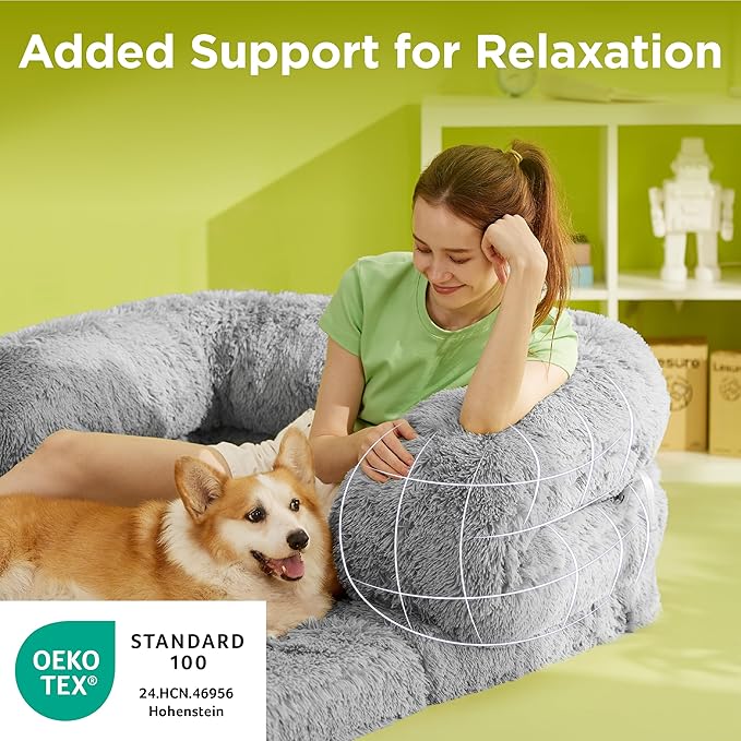 LE SURE Foldable Human Dog Bed - 3 in 1 Flexible Giant Human Dog Bed for Adult People with Supportive Bolster Egg Foam, Waterproof Liner, Calming Fluffy Faux Fur Orthopedic Big Bean Bed, Soft Grey