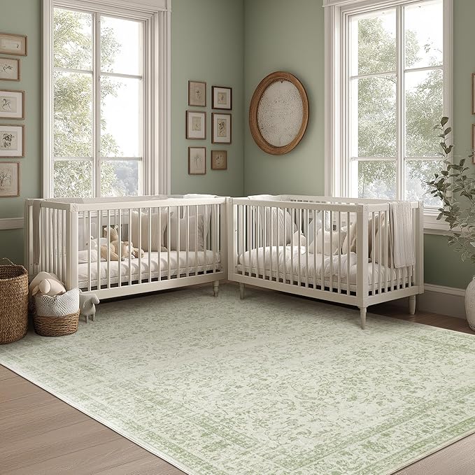 Light Green Nursery Rug Boy Girl 6x9 Area Rugs Washable Non Slip Low Pile Soft Boho Neutral Floral Print Throw Carpet for Living Room Dining Room Sage Green Dining Room Rugs for Under Table 6 x 9