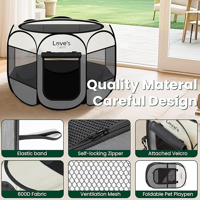 Love's cabin Pet Puppy Dog Playpen, Medium Dog Tent Crates Cage Indoor/Outdoor, Portable Playpen for Cat, Foldable Pop Up Dog Kennel Playpen with Carring Case, Removable Zipper Top, Grey